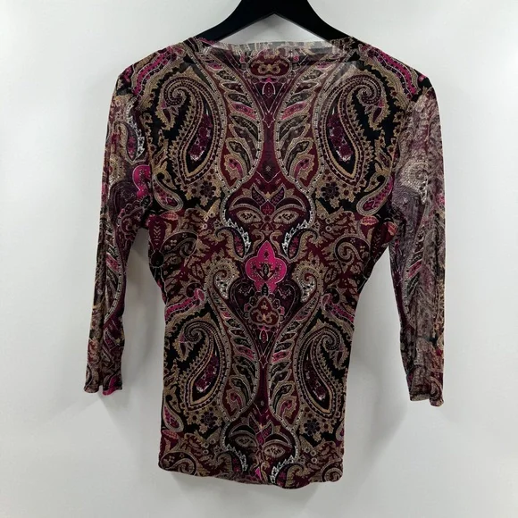 INC International Concepts Paisley Mesh Sleeve Top V-Neck Size Large - Picture 6 of 8